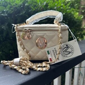 Valentino Orlandi White Vegan Leather Quilted Vanity Bag w/ Gold Chain Strap NWT